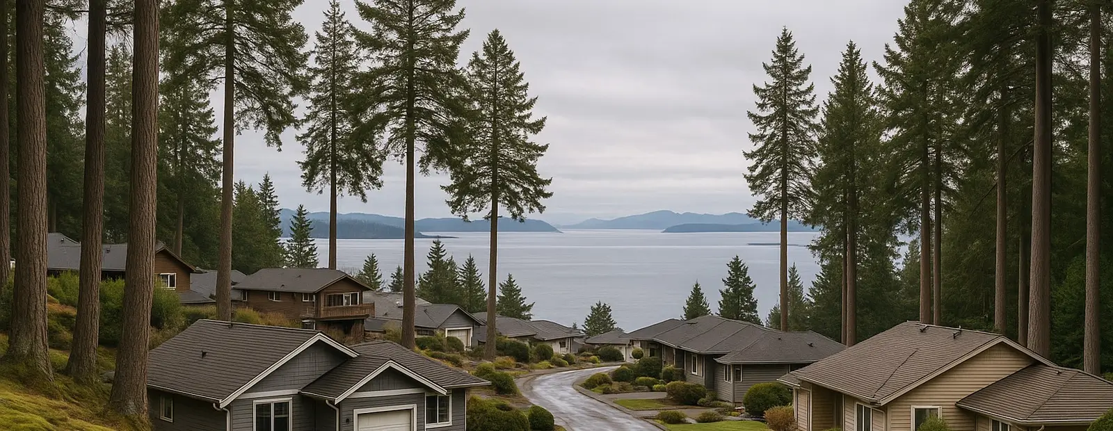 Homes among Douglas firs on the coast near Sidney, Vancouver Island